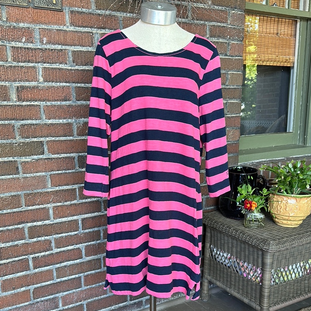 Hatley raspberry pink/navy blue rugby stripe/preppy dress w/back zip. Size XL